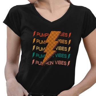 Pumpkin Lightning Vibes Fall Women V-Neck T-Shirt - Seseable