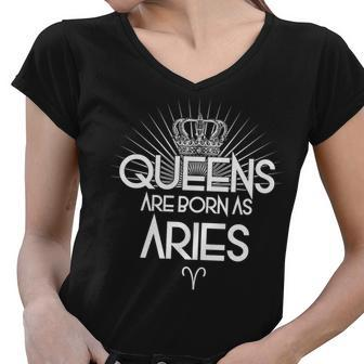 Queens Are Born As Aries Graphic Design Printed Casual Daily Basic Women V-Neck T-Shirt - Thegiftio UK