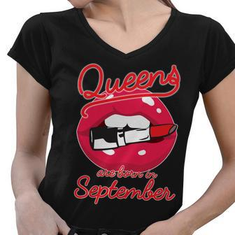 Queens Are Born In September Lipstick Graphic Design Printed Casual Daily Basic Women V-Neck T-Shirt - Thegiftio UK