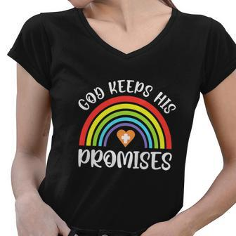 Rainbow Christian God Keeps His Promises Bible Noah Women V-Neck T-Shirt - Monsterry