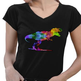Rainbow Colorful Trex Dinosaur Tshirt Women V-Neck T-Shirt - Monsterry