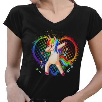 Rainbow Dabbing Unicorn Women V-Neck T-Shirt - Monsterry