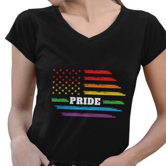 Rainbow Distressed American Flag Pride Month Lbgt Women V-Neck T-Shirt - Monsterry UK