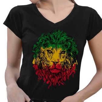Rasta Theme With Lion Head Tshirt Women V-Neck T-Shirt - Monsterry