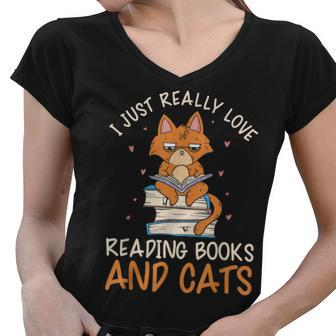 Reading Books And Cats Cat Book Lovers Reading Book Women V-Neck T-Shirt - Thegiftio UK