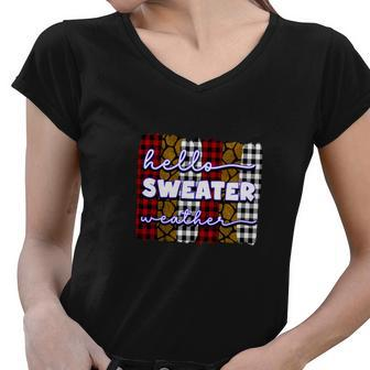 Red Caro Plaid Hello Sweater Weather Fall Women V-Neck T-Shirt - Seseable