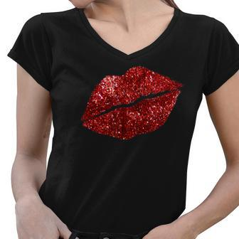 Red Kissing Lipstick Glitter Lips Kiss Red Lips Valentine Women V-Neck T-Shirt - Thegiftio UK
