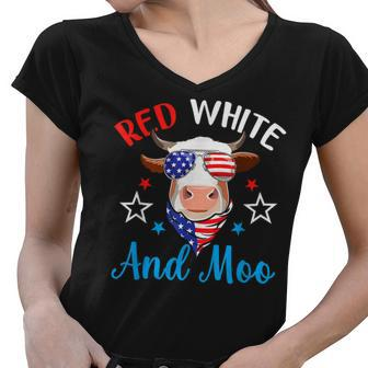 Red White And Moo 4Th Of July Cow Usa Flag Farmer Patriotic V2 Women V-Neck T-Shirt - Seseable