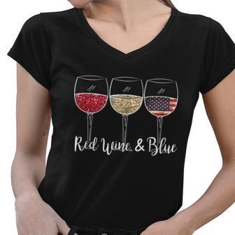 Red Wine & Blue 4Th Of July Wine Red White Blue Wine Glasses V3 Women V-Neck T-Shirt - Monsterry