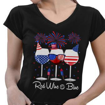 Red Wine & Blue 4Th Of July Wine Red White Blue Wine Glasses V4 Women V-Neck T-Shirt - Monsterry