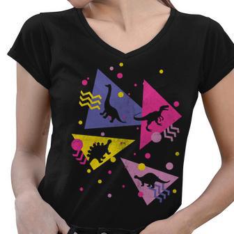 Retro 80S Dinosaurs Women V-Neck T-Shirt - Monsterry