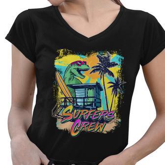 Retro 80S Eighties Trex Dinosaur Surfers Crew Women V-Neck T-Shirt - Monsterry AU