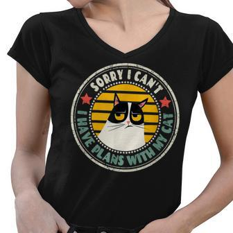 Retro Cat Im Sorry I Cant I Have Plans With My Cats Women V-Neck T-Shirt - Thegiftio