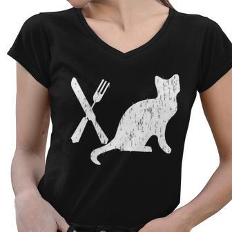 Retro Eat Pussy Funny Cat Spoon Tshirt Women V-Neck T-Shirt - Monsterry UK
