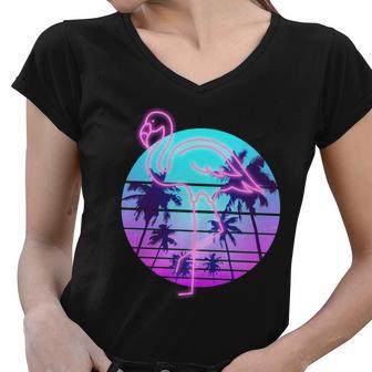 Retro Eighties 80S Neon Flamingo Emblem Women V-Neck T-Shirt - Monsterry