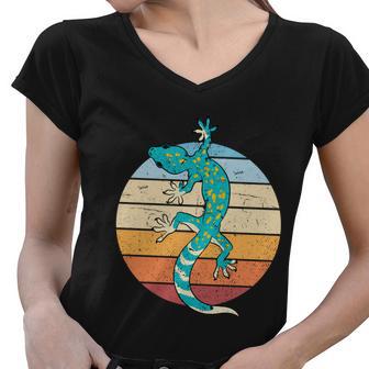 Retro Gecko Lover Reptile Animal Lizard Gecko Meaningful Gift Women V-Neck T-Shirt - Monsterry AU