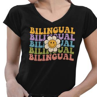 Retro Groovy Bilingual Teacher Back To School Women V-Neck T-Shirt - Seseable