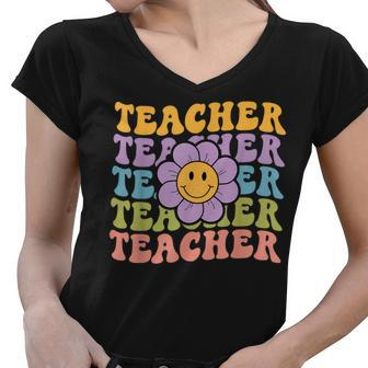 Retro Groovy Teacher Inspirational Colorful Back To School Women V-Neck T-Shirt - Thegiftio UK
