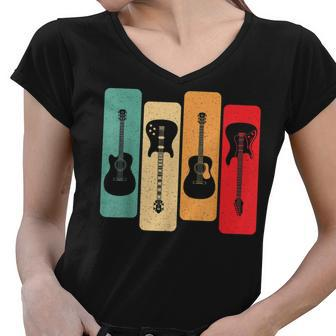 Retro Guitars Guitarist Acoustic Electric Guitar Rock Music V2 Women V-Neck T-Shirt - Seseable