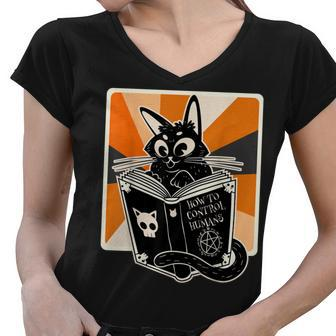 Retro Halloween Black Cat Funny Witch Book Cat Lover Women V-Neck T-Shirt - Seseable