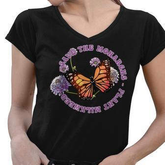 Retro Save The Monarchs Plant More Milkweed Flower Butterfly Women V-Neck T-Shirt - Thegiftio UK