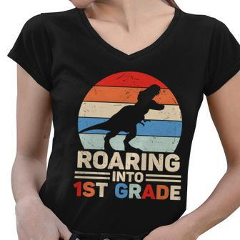 Roaring Into 1St Grade Dinosaur Back To School Women V-Neck T-Shirt - Monsterry