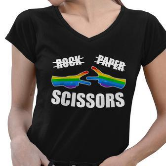 Rock Paper Scissors Lesbian Pride Rainbow Lgbt Women V-Neck T-Shirt - Monsterry