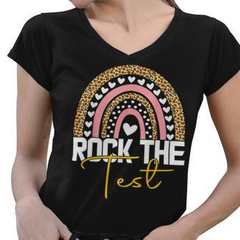 Rock The Test Test Day Teacher Testing Day Rainbow Teacher Women V-Neck T-Shirt - Seseable