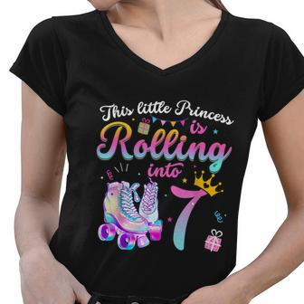 Roller Skate 7Th Birthday Shirt 7 Year Old Girl Party Outfit Women V-Neck T-Shirt - Monsterry CA