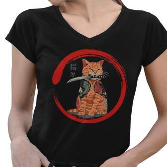 Samurai Cattana Emblem Women V-Neck T-Shirt - Monsterry