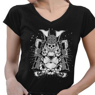 Samurai Tiger Women V-Neck T-Shirt - Monsterry