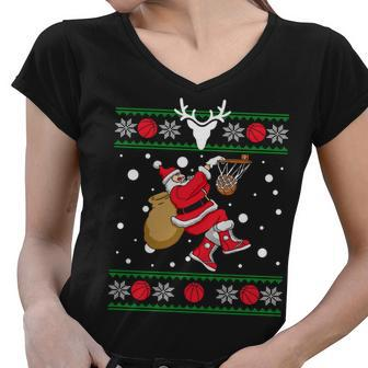 Santa Dunking Basketball Ugly Christmas Women V-Neck T-Shirt - Monsterry UK