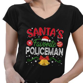 Santas Favorite Policeman Funny Policeman Christmas Gift Women V-Neck T-Shirt - Monsterry