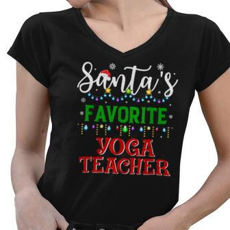 Santas Favorite Yoga Teacher Matching Family Xmas Pajamas Women V-Neck T-Shirt - Thegiftio UK