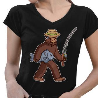 Sasquatch Gone Fishing Women V-Neck T-Shirt - Monsterry AU