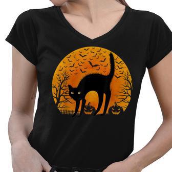 Scary Black Cat Full Moon Funny Cats Lover Halloween Costume Women V-Neck T-Shirt - Seseable