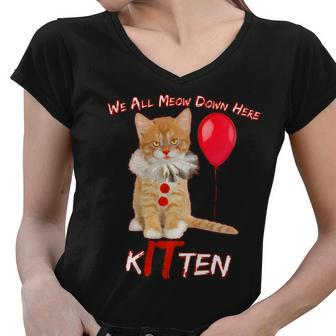 Scary We All Meow Down Here Clown Cat Kitten Women V-Neck T-Shirt - Monsterry DE