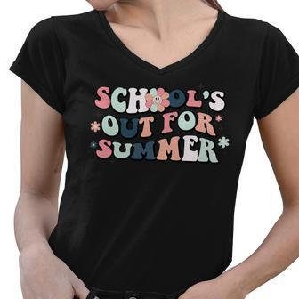 Schools Out For Summer Teacher Cool Groovy Last Day Women V-Neck T-Shirt - Seseable