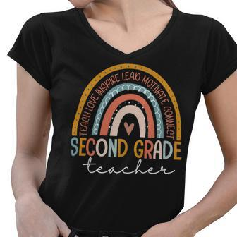 Second Grade Teacher Teach Love Inspire Boho Rainbow Women V-Neck T-Shirt - Seseable