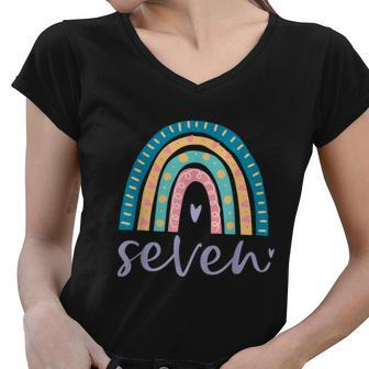 Seven Year Old Rainbow Birthday Gifts For Girls 7Th Bday Women V-Neck T-Shirt - Monsterry