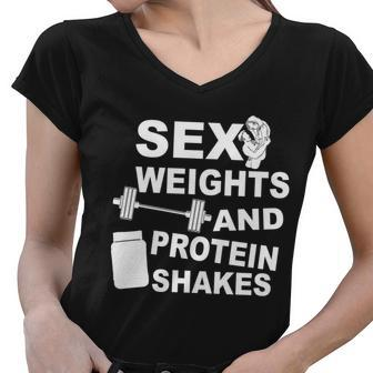 Sex Weights Protein Shakes Women V-Neck T-Shirt - Monsterry CA