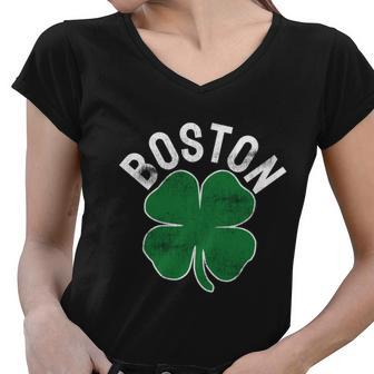 Shamrock Massachusetts Boston St Patricks Day Irish Green Graphic Design Printed Casual Daily Basic Women V-Neck T-Shirt - Thegiftio UK