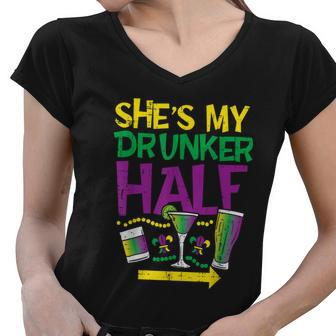 Shes My Drunker Half Matching Couple Boyfriend Mardi Gras Graphic Design Printed Casual Daily Basic Women V-Neck T-Shirt - Thegiftio UK