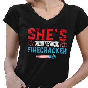 Shes My Firecracker His And Hers 4Th July Matching Couples Graphic Design Printed Casual Daily Basic Women V-Neck T-Shirt - Thegiftio UK
