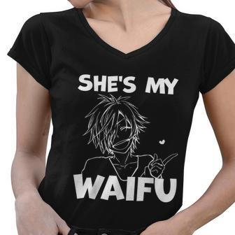 Shes My Waifu Funny Anime Matching Couple Boyfriend Graphic Design Printed Casual Daily Basic Women V-Neck T-Shirt - Thegiftio UK