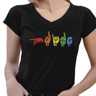 Sign Language Funny Rainbow Flag Gay Lgbt Deaf Asl Mute Gift Great Gift Women V-Neck T-Shirt - Monsterry DE
