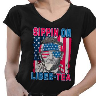 Sippin On Liberty 4Th Of July Abraham Lincoln Women V-Neck T-Shirt - Monsterry