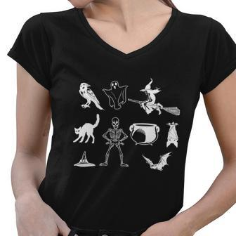 Skeleton Crow Witch Cat Bat Haning Bat Flying Ghost Halloween Quote Women V-Neck T-Shirt - Monsterry AU