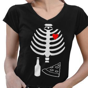 Skeleton Pizza Beer Rib Cage Women V-Neck T-Shirt - Monsterry CA