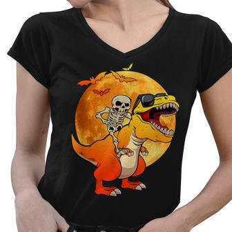 Skeleton Riding Dinosaur Lazy Halloween Bats T-Rex Women V-Neck T-Shirt - Thegiftio UK